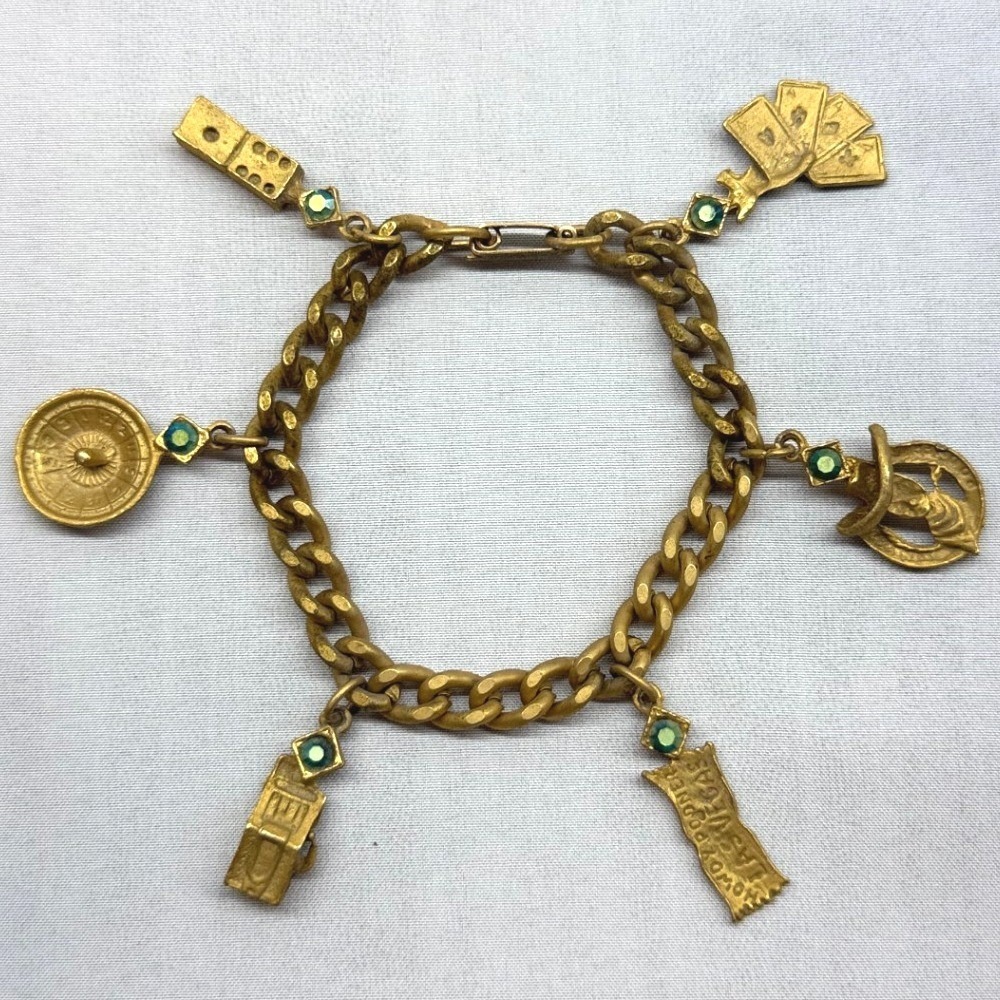 Vintage Las Vegas Charm Bracelet Womens 7.25in Gold Fair Gambling Souvenir
